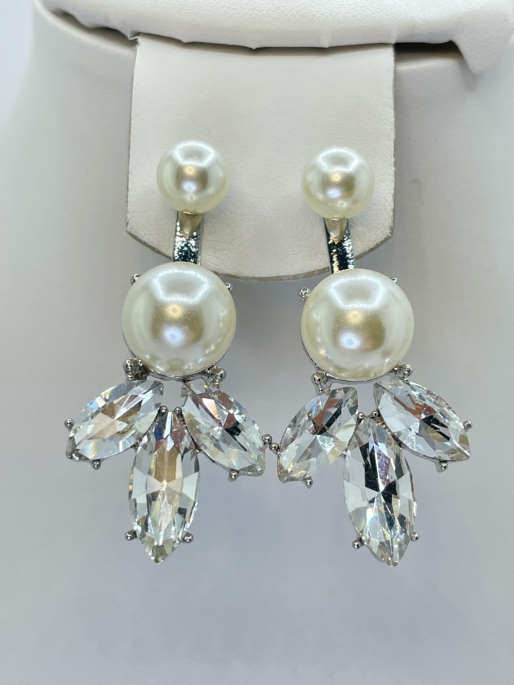 Silver Tone Faux Pearl Crystal Drop Earrings Statement Glam Sparkle